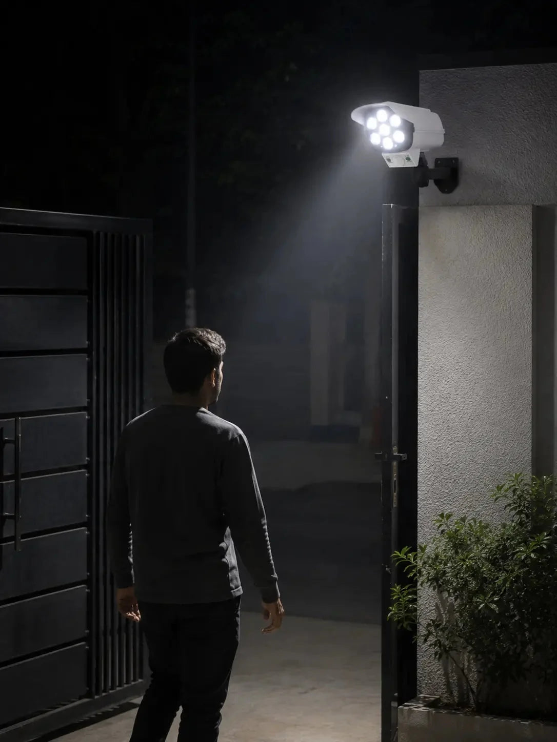 Lámpara solar de seguridad con sensor de movimiento tipo cámara, control remoto y soporte para exterior