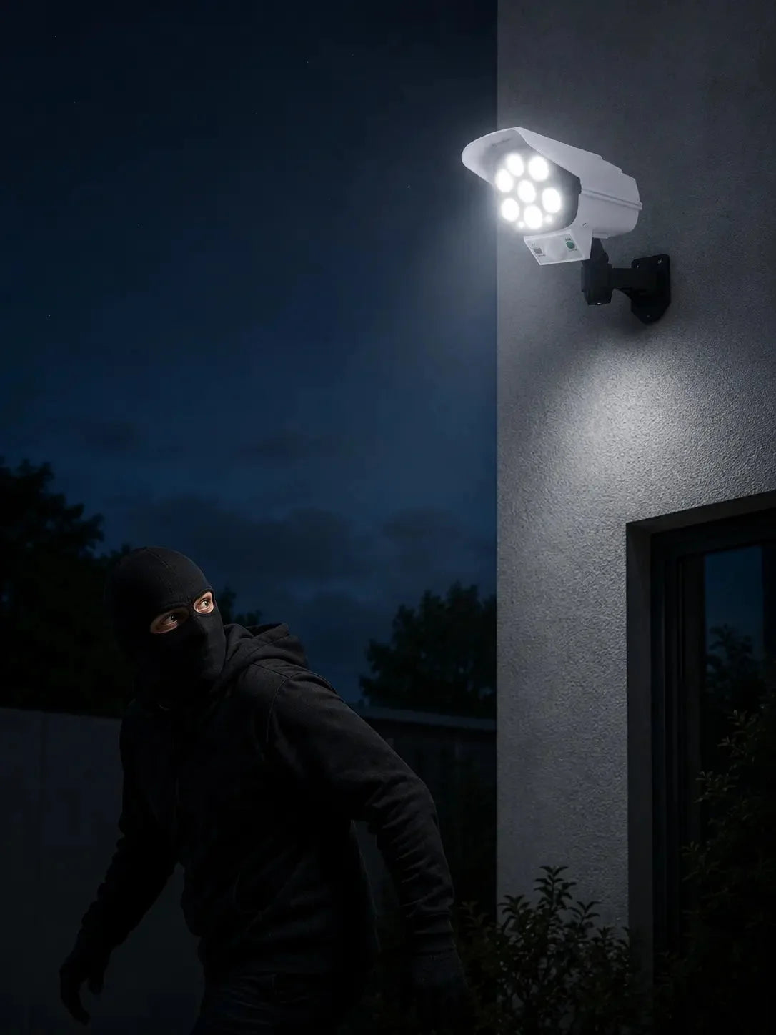 Lámpara solar de seguridad con sensor de movimiento tipo cámara, control remoto y soporte para exterior