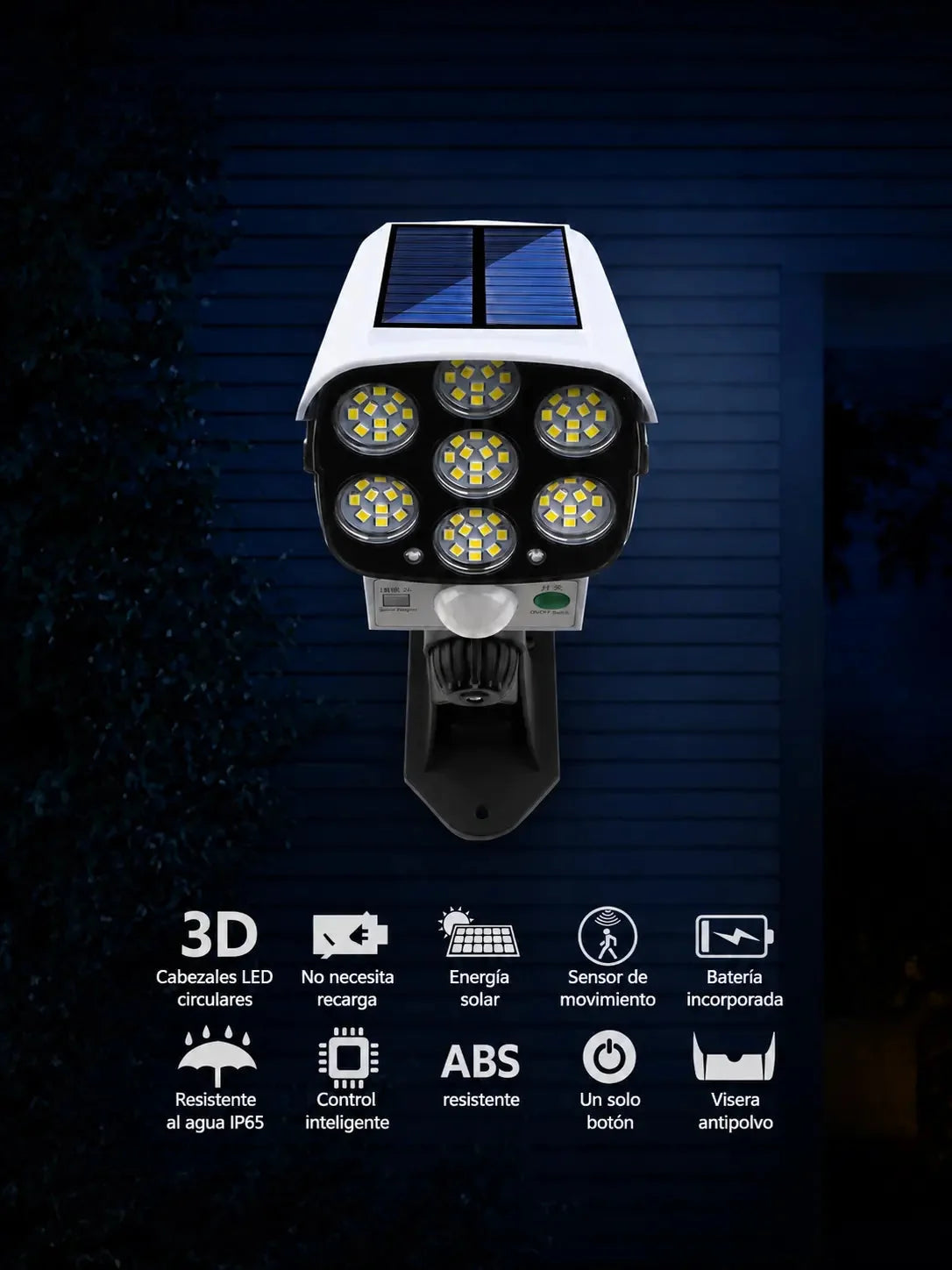 Lámpara solar de seguridad con sensor de movimiento tipo cámara, control remoto y soporte para exterior
