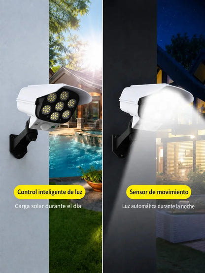 Lámpara solar de seguridad con sensor de movimiento tipo cámara, control remoto y soporte para exterior